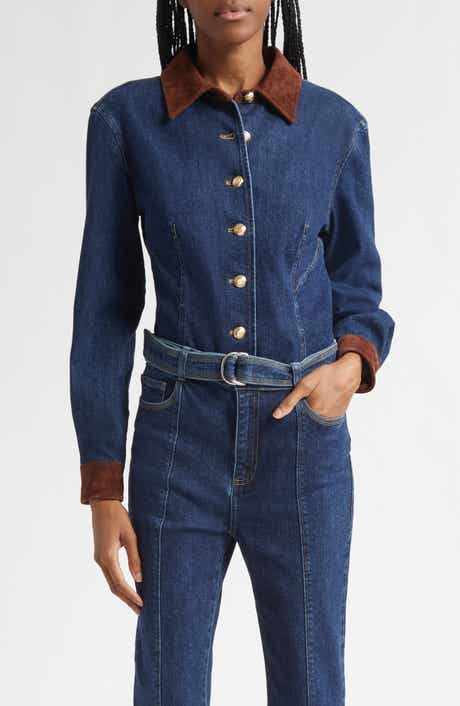 Cinq à Sept Suede Trim Denim Button-Up Shirt
