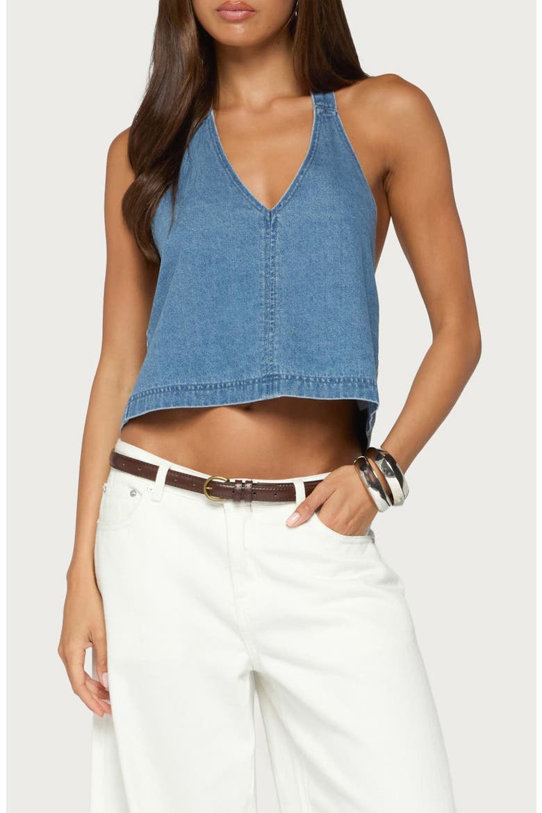 Teddie Backless Denim Halter Top, Main, color, BLUE-WASHED