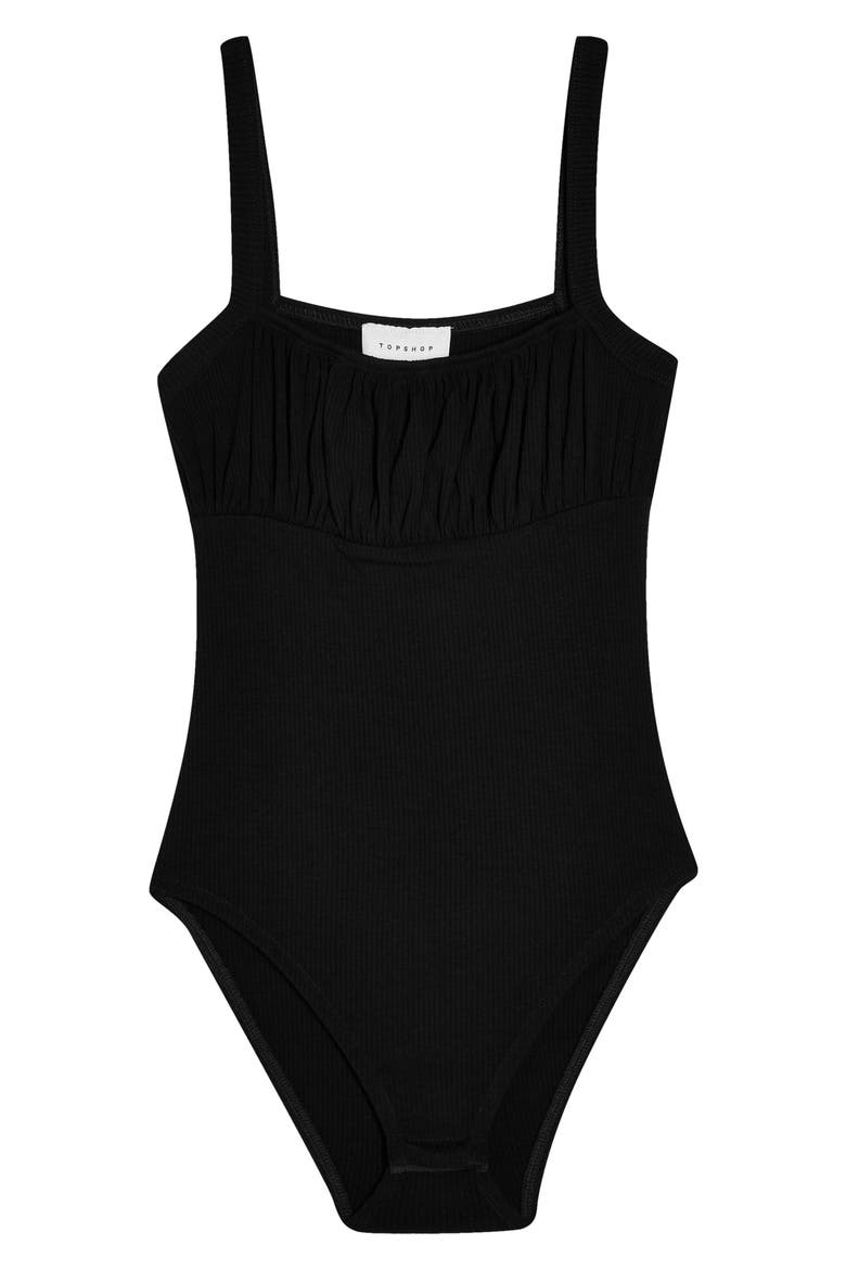 Ruched Square Neck Sleeveless Bodysuit, Alternate, color, BLACK