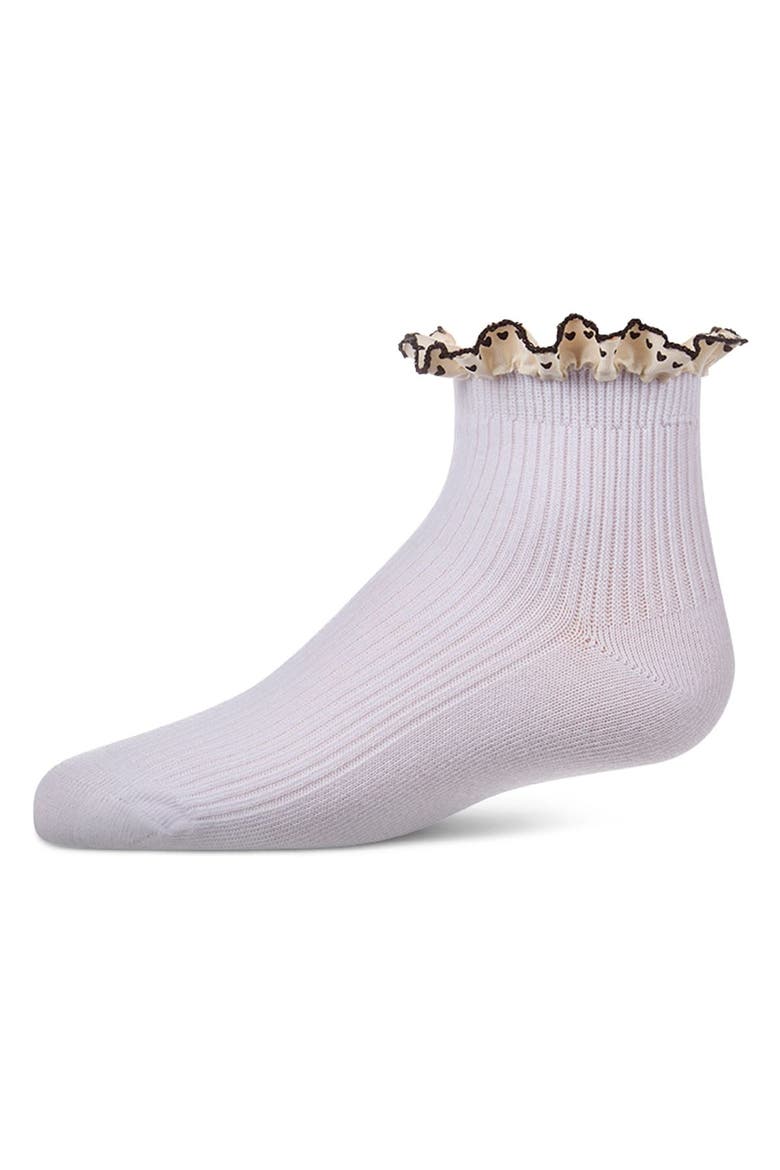 Ribbed Ankle Sock with Heart -Print Lace-Trim Ruffle, Main, color, White