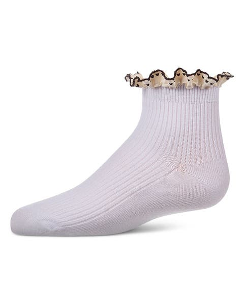 Ribbed Ankle Sock with Heart -Print Lace-Trim Ruffle