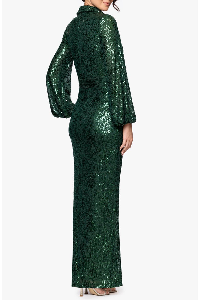 Sequin Collar Long Sleeve Gown, Alternate, color, PINE