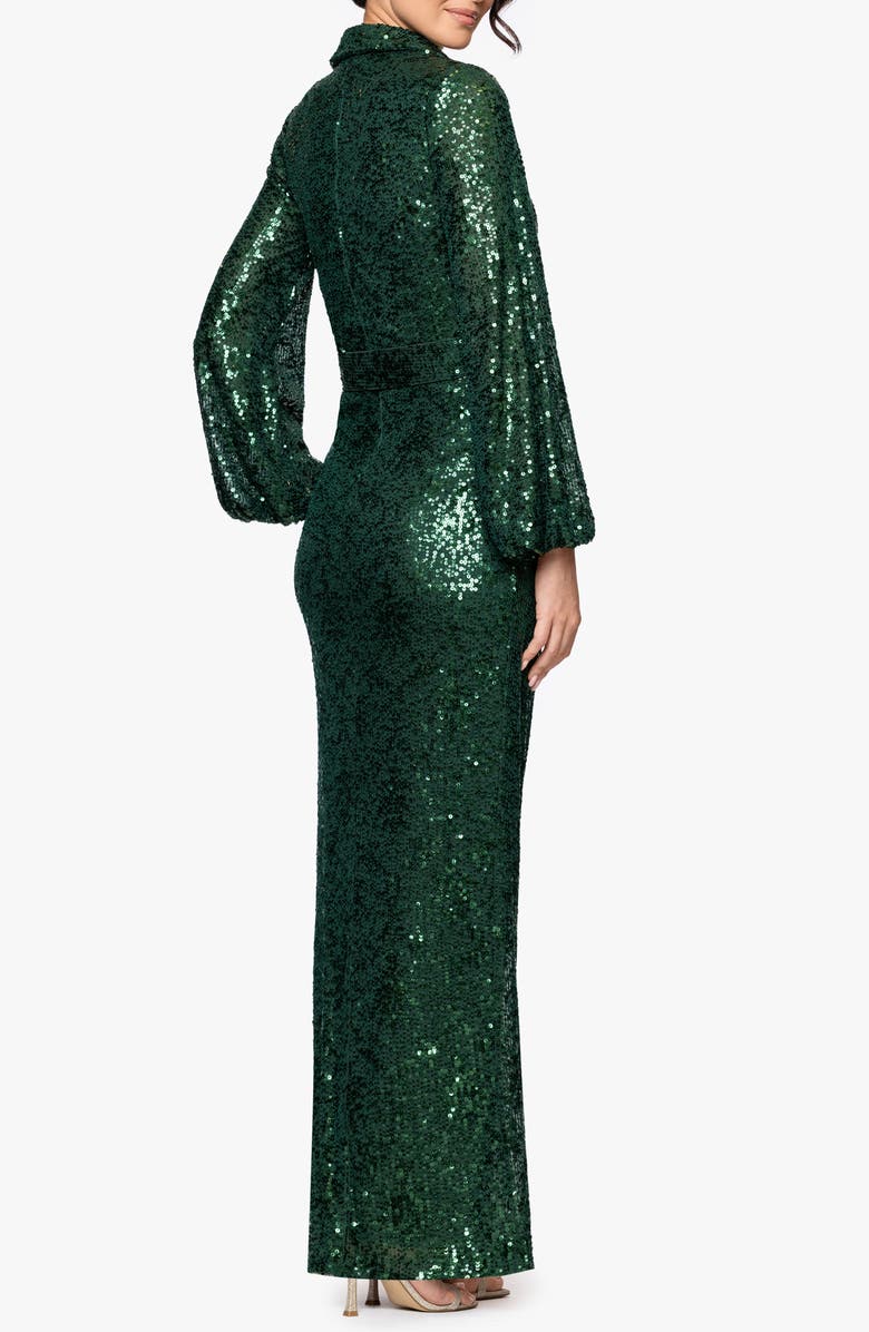 Betsy & Adam Sequin Collar Long Sleeve Gown, Alternate, color, Pine