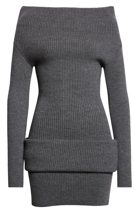 Off the Shoulder Rib Wool Minidress