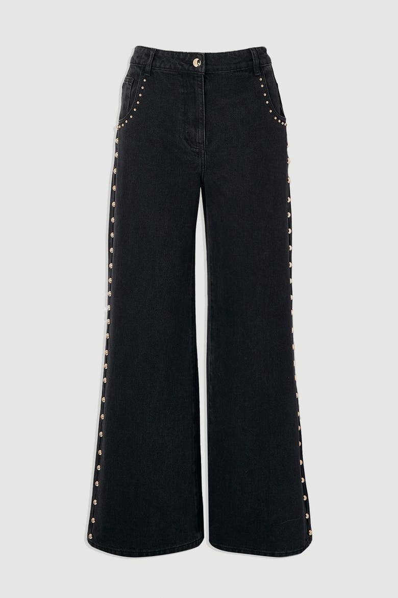 Denim Studded Wide Leg Jeans, Alternate, color, Black