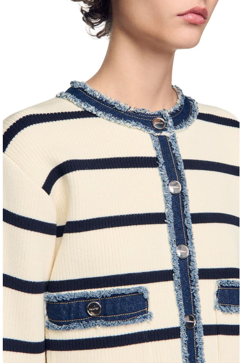 Stripy cardigan with denim details, Alternate, color, Ecru