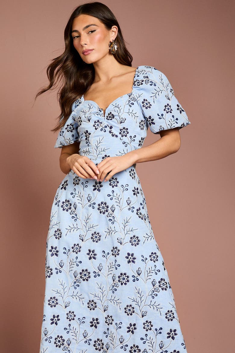 Puff Sleeve Embroidered Midi Dress, Alternate, color, Blue