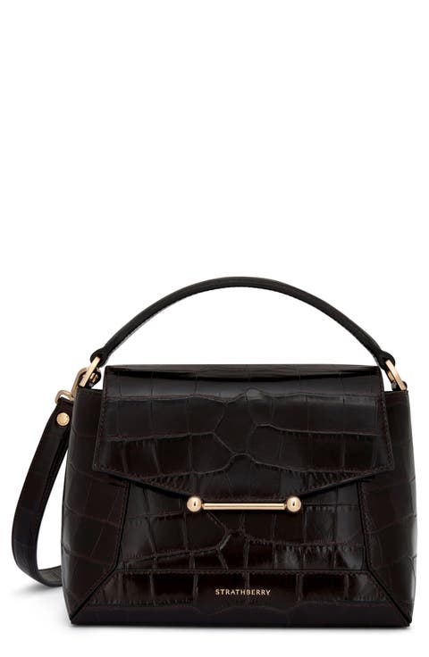 Mosaic Croc Embossed Leather Top Handle Bag