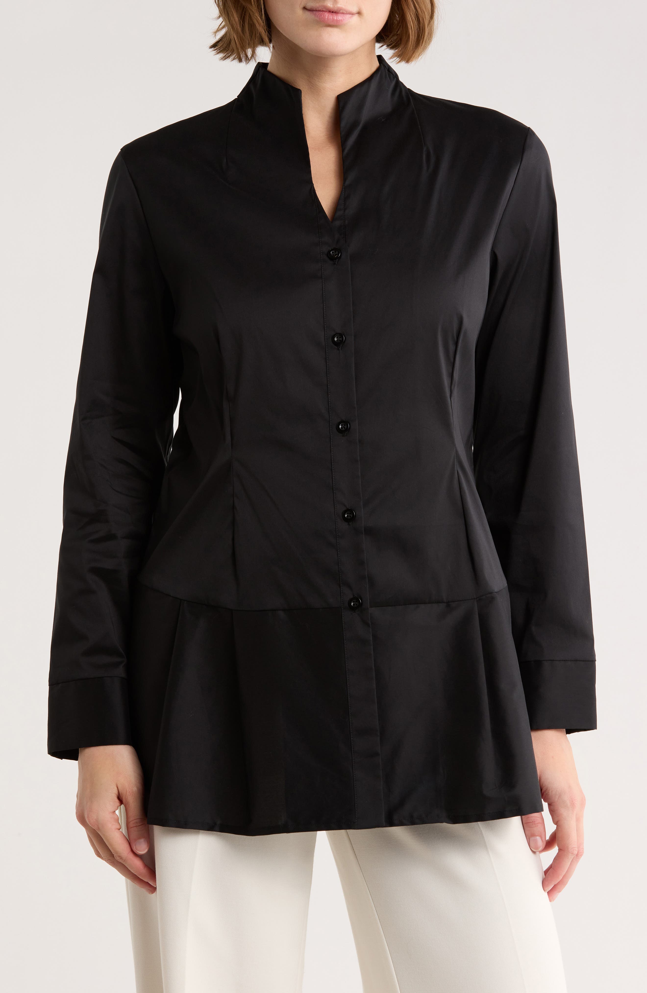 Ming Wang Cotton Blend Peplum Button-Up Shirt