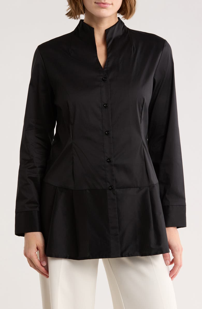 Ming Wang Cotton Blend Peplum Button-Up Shirt, Main, color, Black