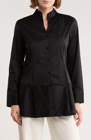Ming Wang Cotton Blend Peplum Button-Up Shirt