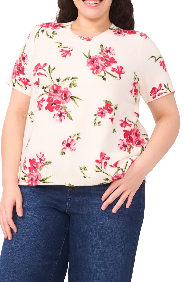 CeCe Floral Short Sleeve Sweater, Main, color, New Ivory