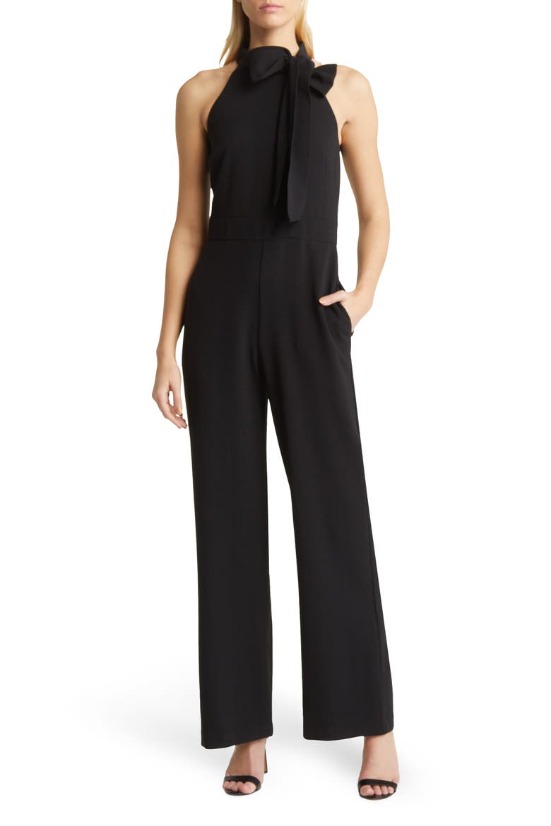 Bow Neck Stretch Crepe Jumpsuit, Main, color, BLACK