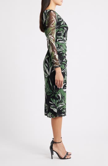 Print Long Sleeve Mesh Body-Con Dress