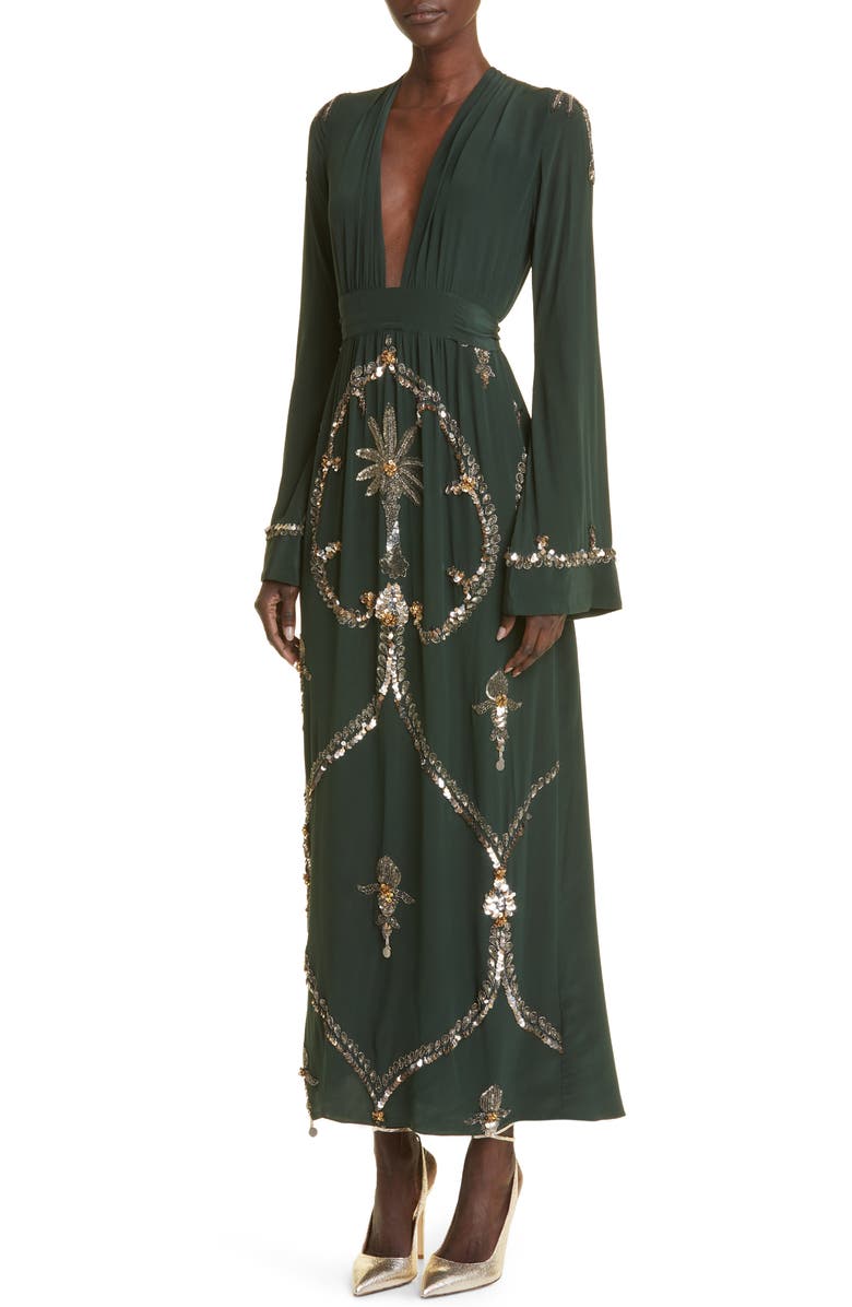 Johanna Ortiz Artistic Lifestyle Beaded Long Sleeve Silk Maxi Dress, Alternate, color, 