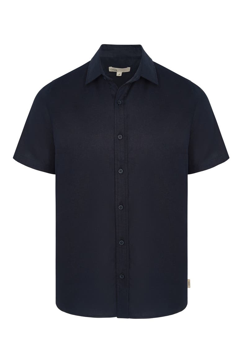 Short Sleeve Stretch Linen Blend Button-Up Shirt, Alternate, color, NAVY