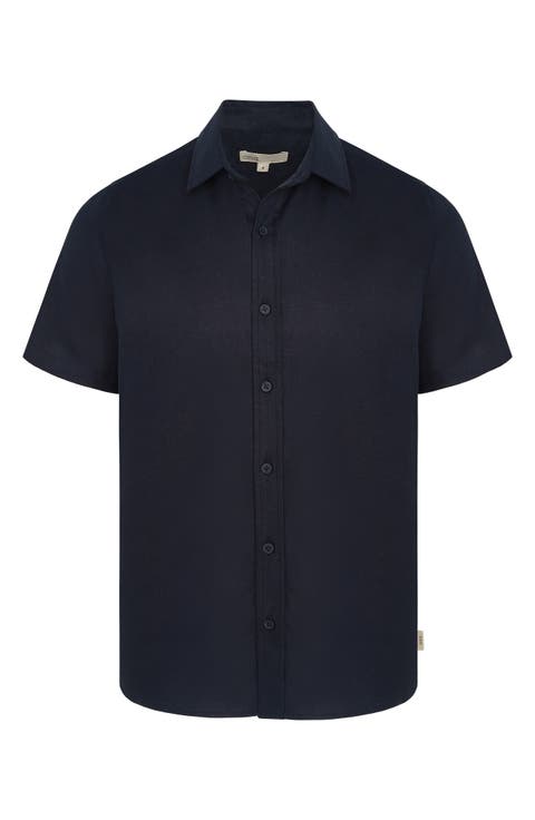 Short Sleeve Stretch Linen Blend Button-Up Shirt