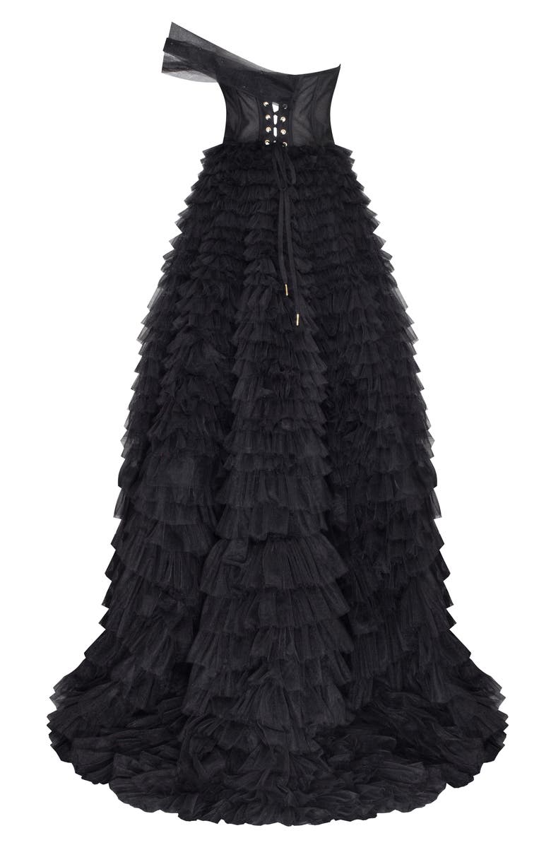 Milla One-Shoulder Layered Tulle Gown in Black for Formal Occasions, Alternate, color, Black