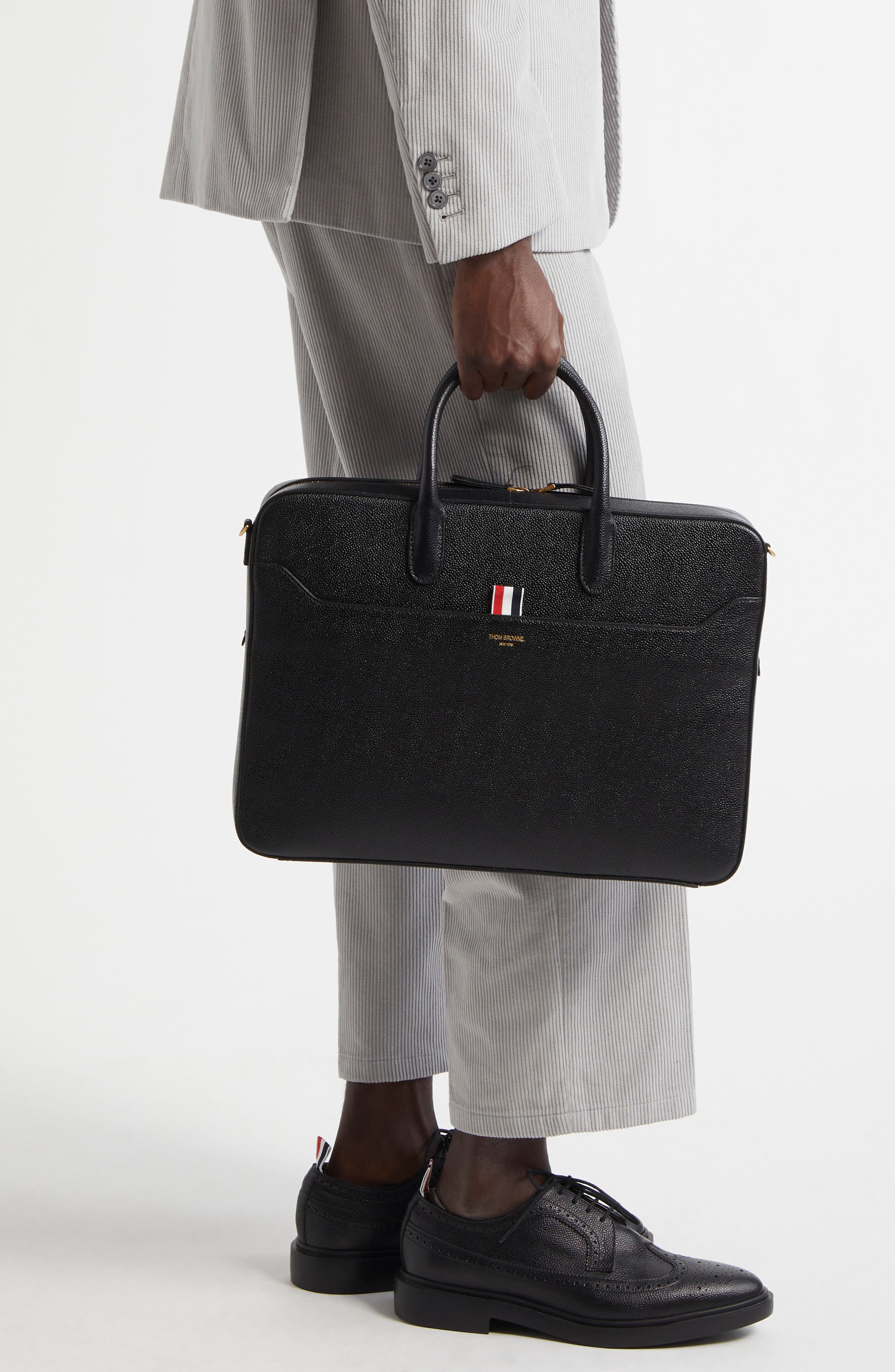 Thom Browne Pebbled Leather Business Bag, Alternate, color, Black