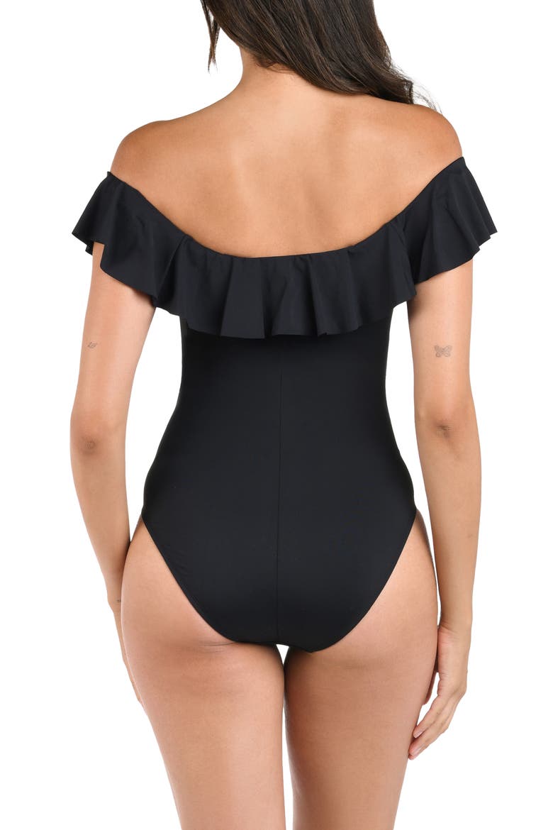 Island Goddess Off the Shoulder One-Piece Swimsuit, Alternate, color, BLACK