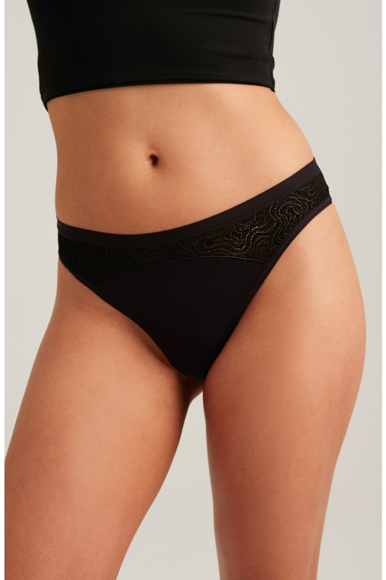 Period & Leakproof Light Absorbency Lace Thong, Main, color, VOLCANIC BLACK