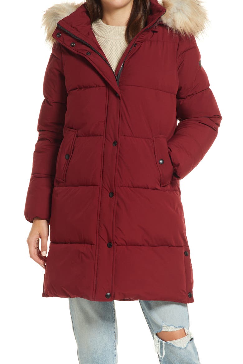Cocoon Faux Fur Trim Water Repellent Coat, Alternate, color, CABARNET