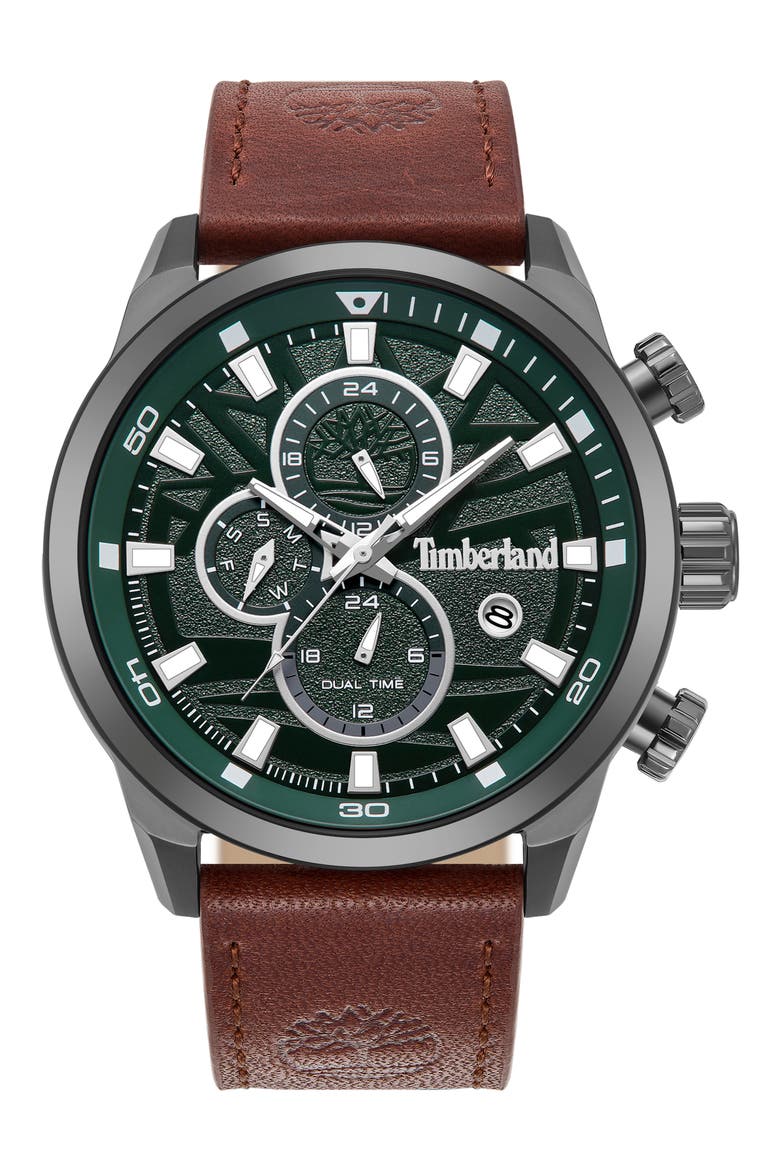 Henniker II Multifunction Chronogrpah Leather Strap Watch, 46mm, Main, color, DARK BROWN