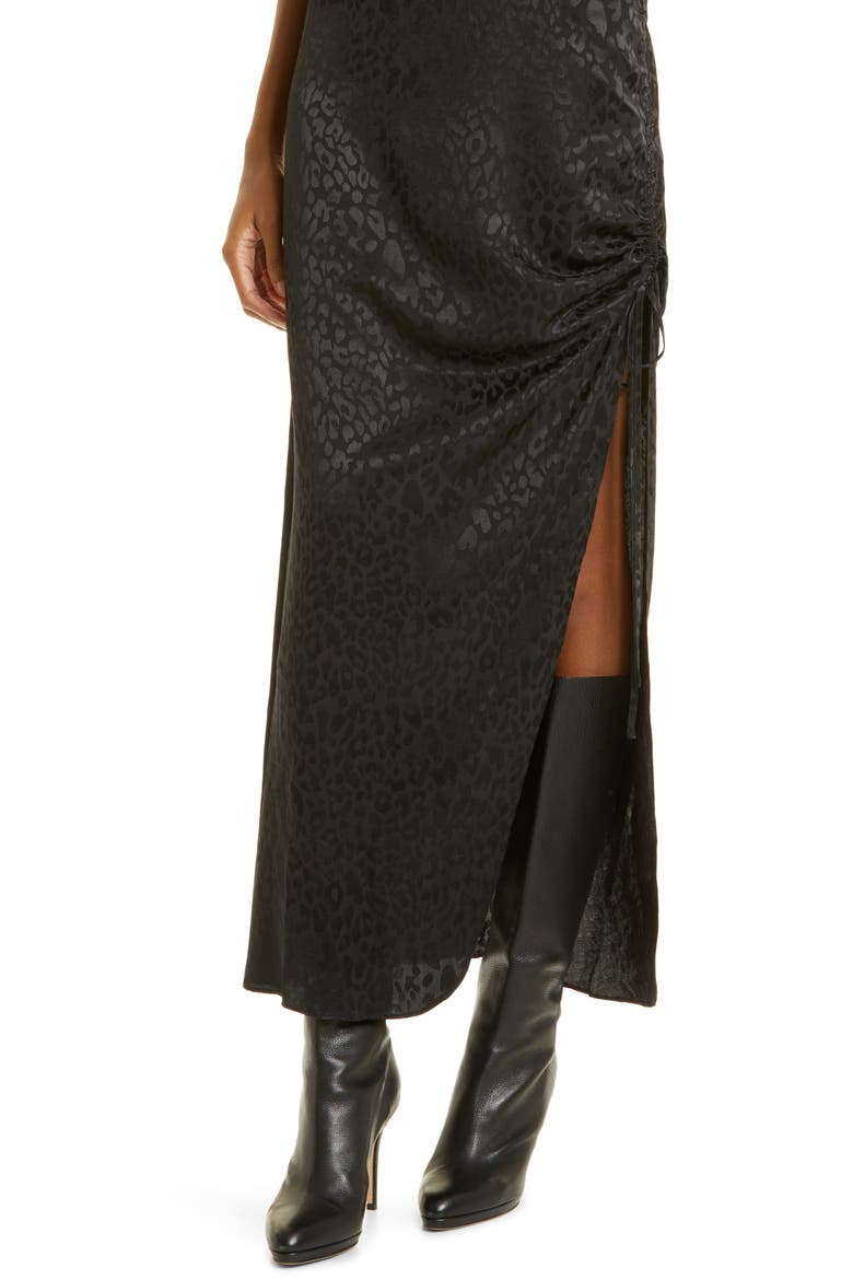 Cinched Leopard Print Satin Slipdress, Alternate, color, JET BLACK