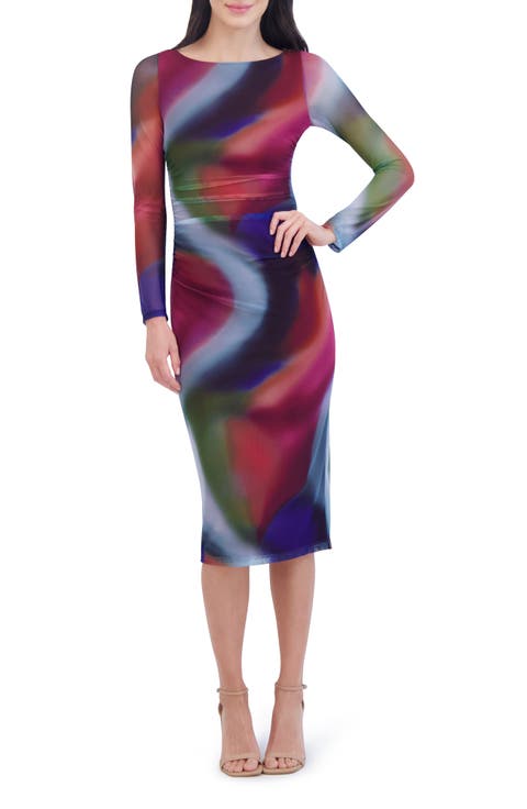 Ruched Long Sleeve Mesh Midi Dress