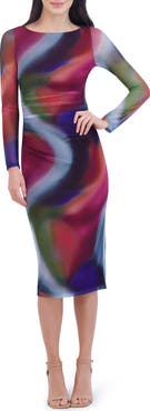 Vince Camuto Ruched Long Sleeve Mesh Midi Dress