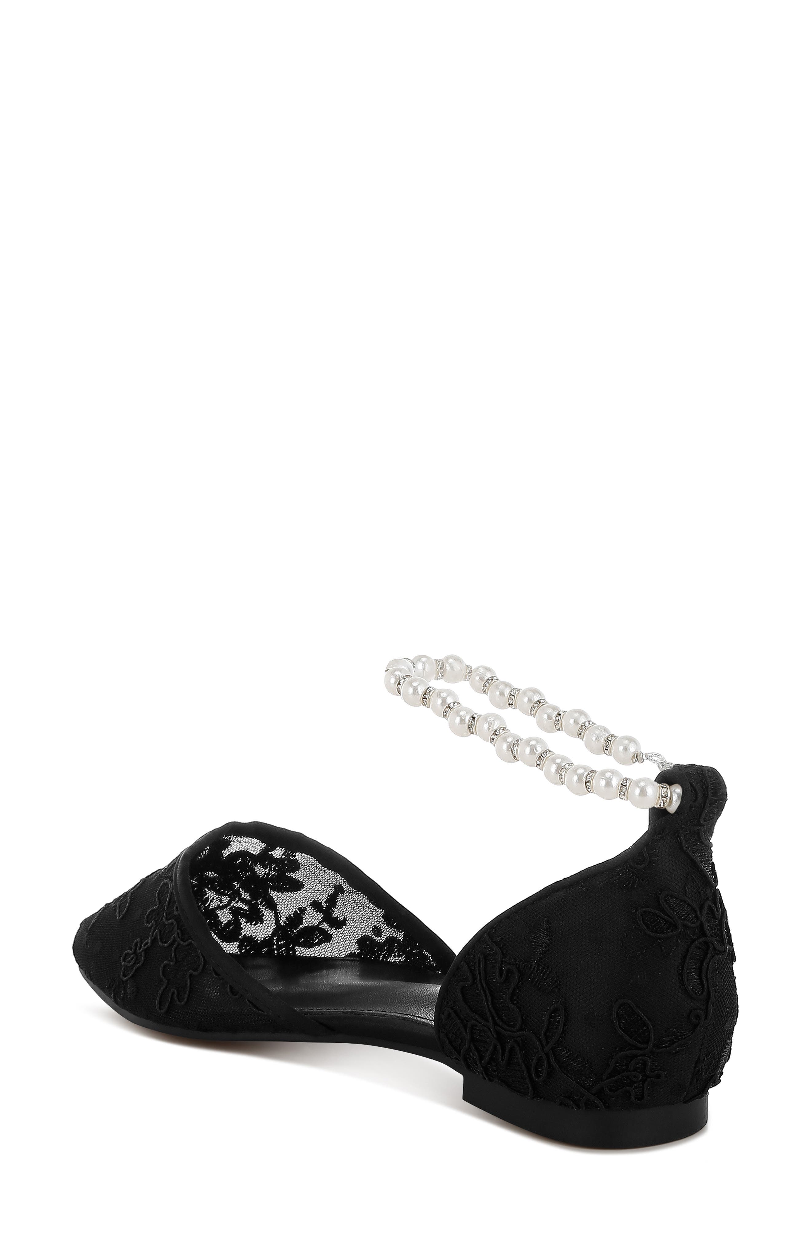 Rag & Co Seymor Faux Pearl Tie Strap Lace Flat, Alternate, color, Black