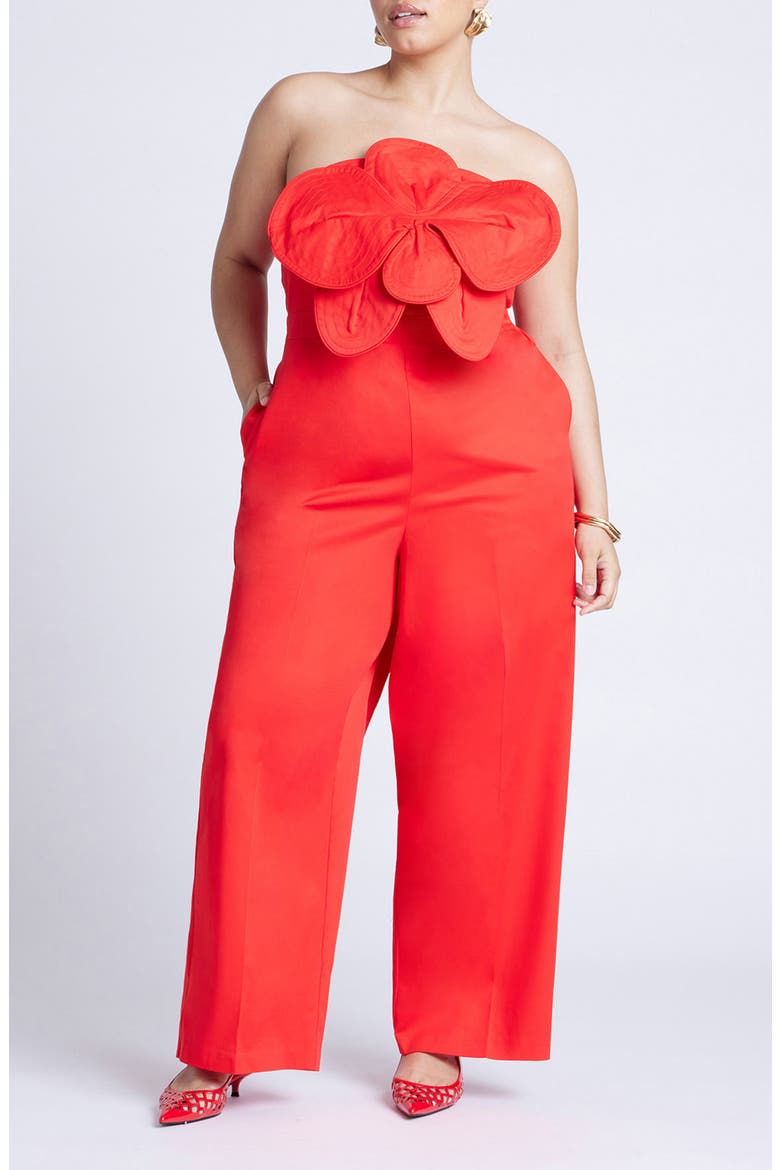 Flower Strapless Jumpsuit, Main, color, HIGH RISK RED