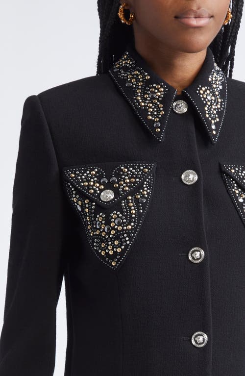 Versace Embellished Wool Blend Crepe Crop Jacket In Black