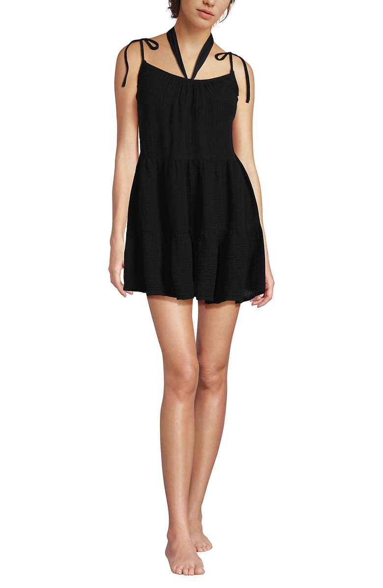 Lands' End Cotton Gauze Metallic Tiered Mini Cover-up Dress, Main, color, Black