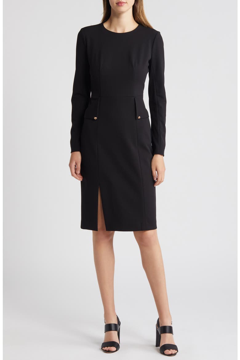 Long Sleeve Pocketed Sheath Dress, Main, color, BLACK