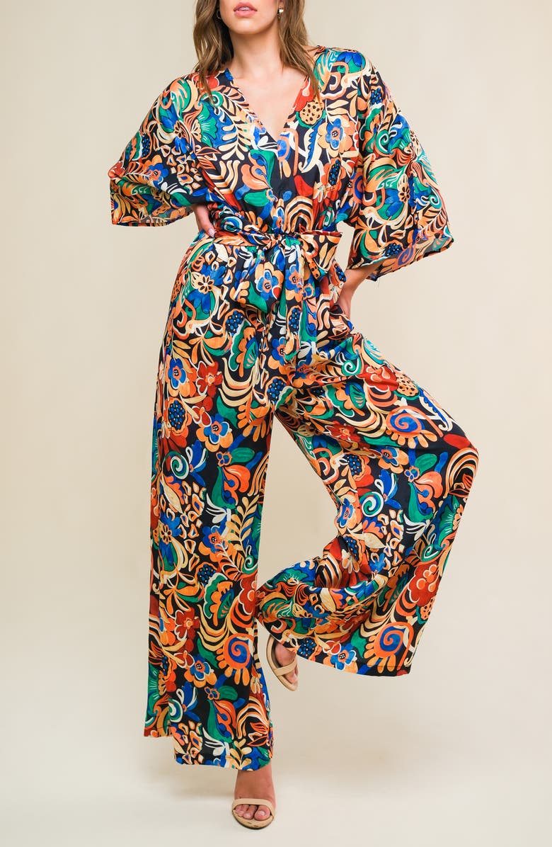 FLYING TOMATO Print Wide Leg Jumpsuit, Alternate, color, Black