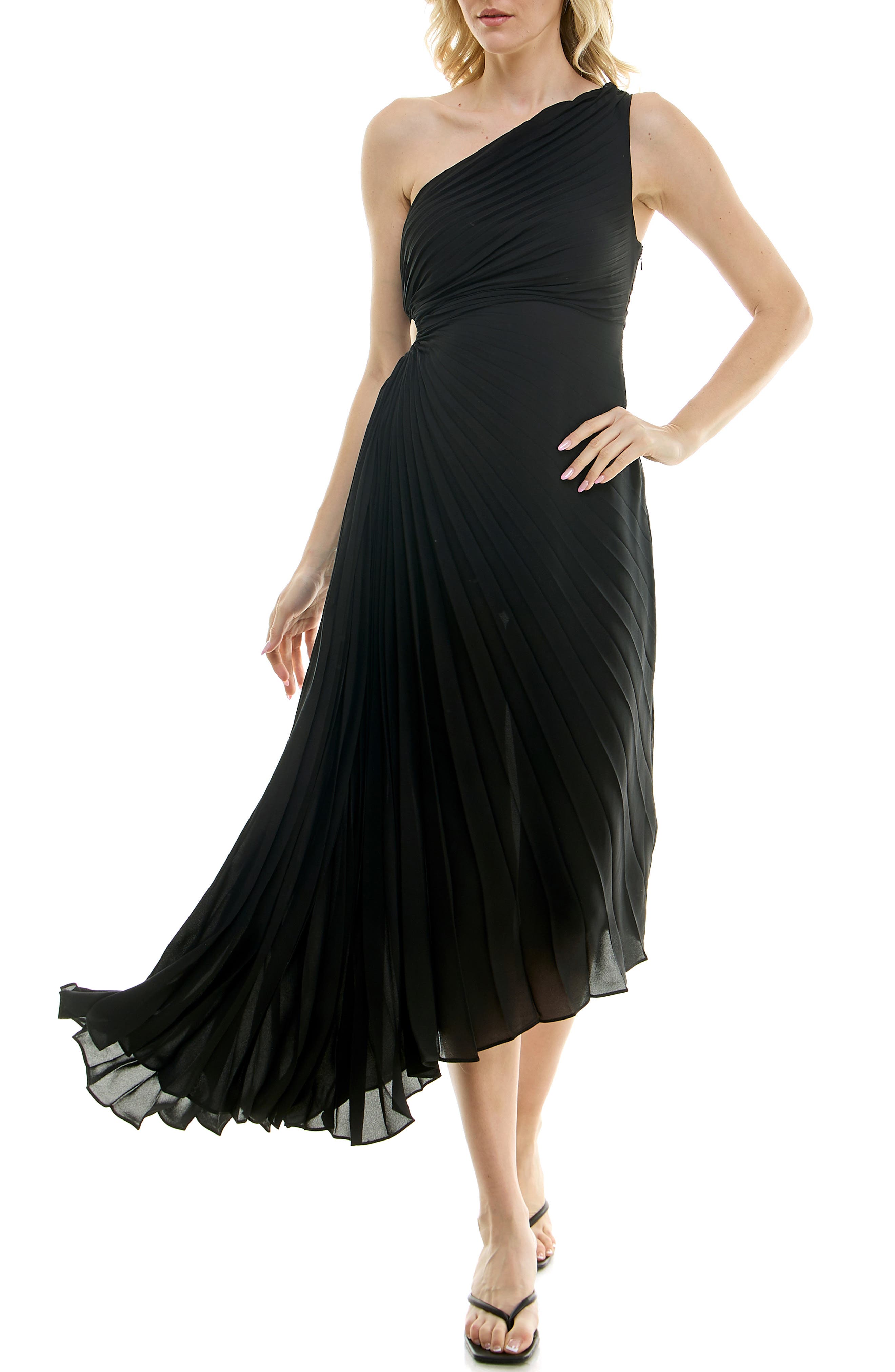 Nicole Miller One Shoulder Pleat Midi Dress
