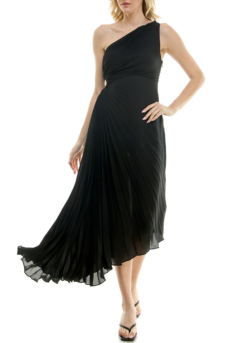 One Shoulder Pleat Midi Dress, Main, color, VERY BLACK