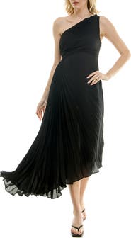 Nicole Miller One Shoulder Pleat Midi Dress