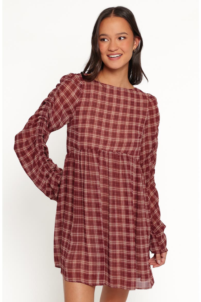Micaela Long Sleeve Minidress, Alternate, color, BURGUNDY PLAID