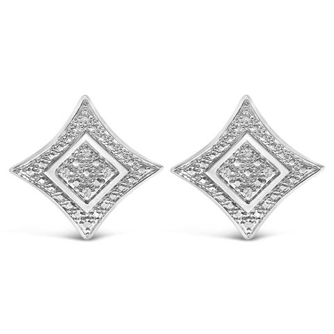 Silver Diamond Accent 4-Stone Four Pointed Star Shaped Halo-Style Stud Earrings
