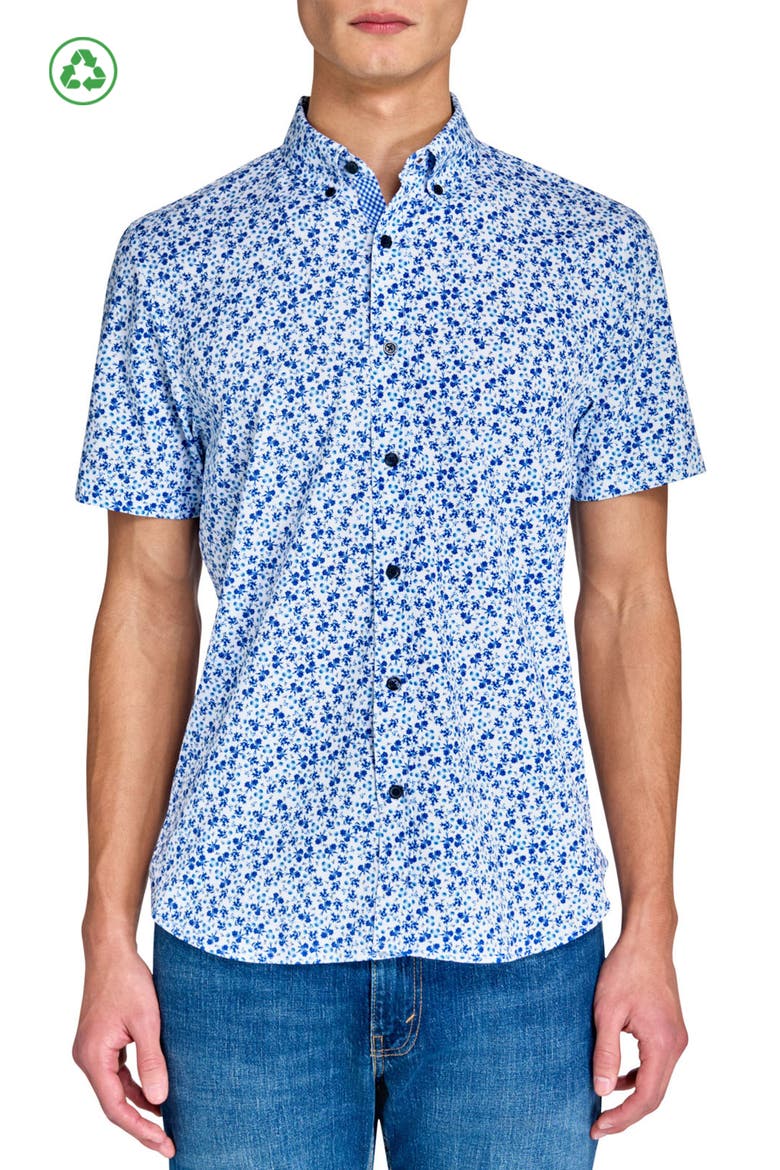 Slim Fit Blueberry Floral Recycled 4-Way Stretch Performance Short Sleeve Shirt, Main, color, WHITE/NAVY