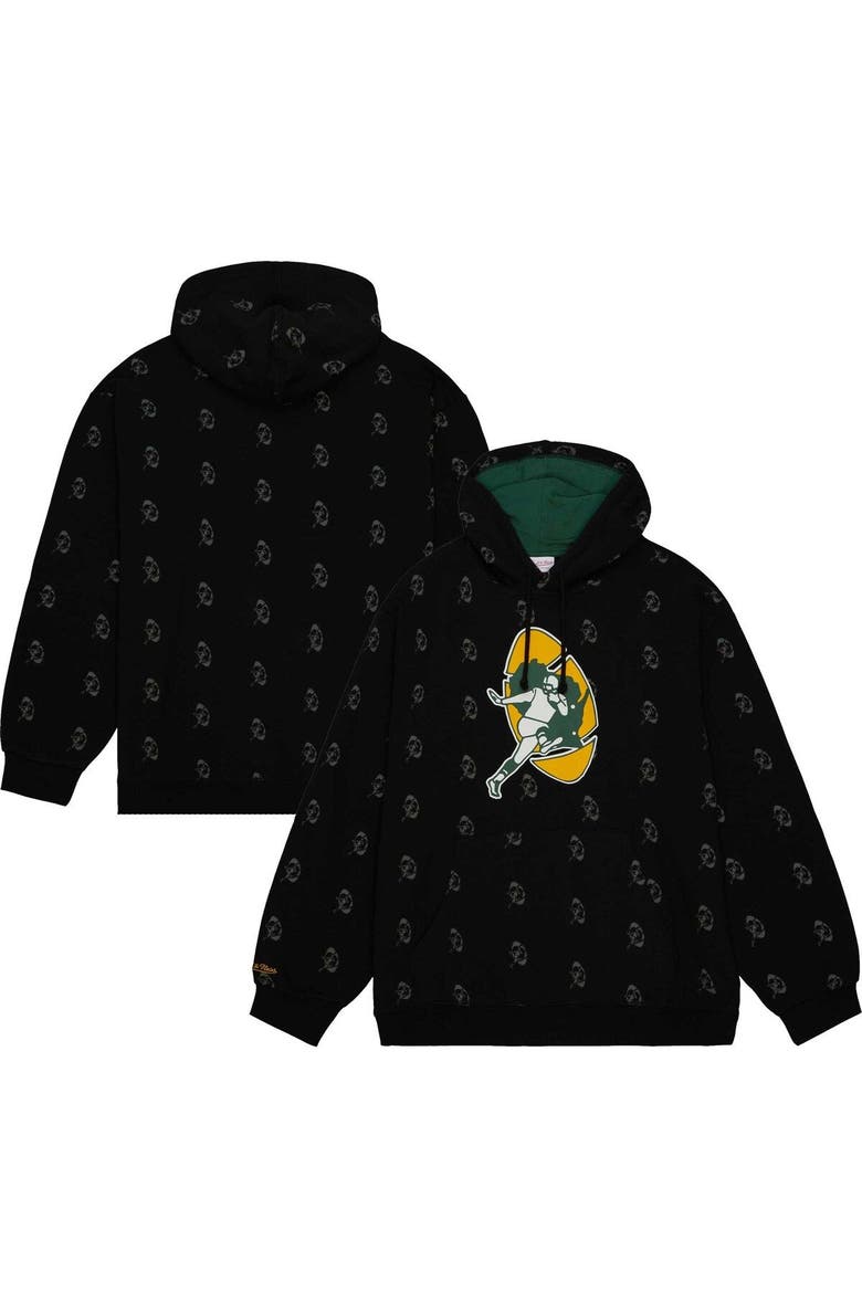 Men's Mitchell & Ness Black Green Bay Packers Allover Print Fleece Pullover Hoodie, Main, color, Black