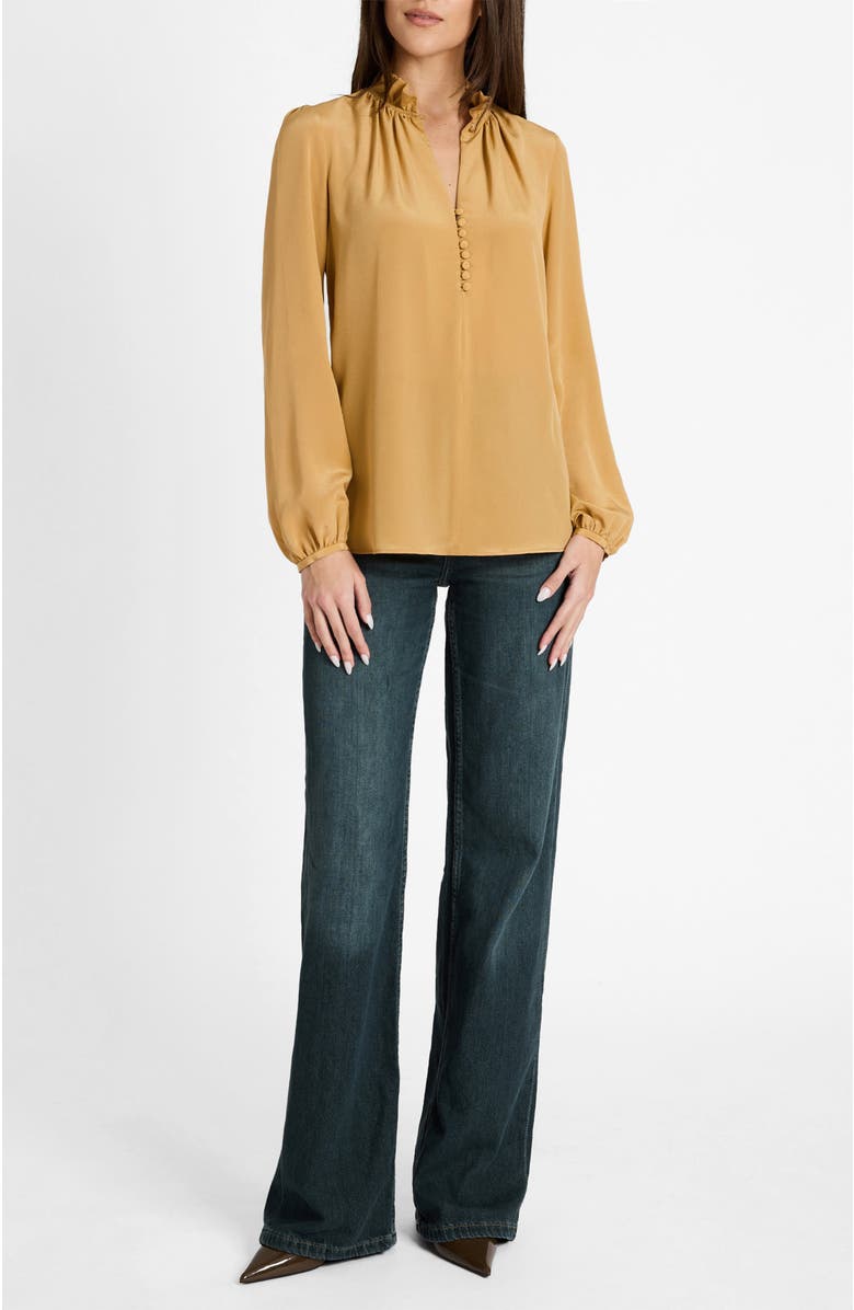 Santorelli Astrid Long Sleeve Silk Ruffle-Neck Top, Alternate, color, Dune Sand