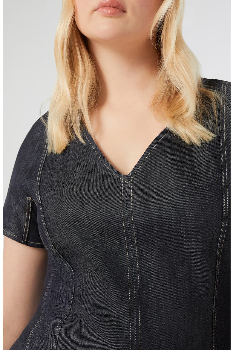 Denim Fit & Flare Midi Dress, Alternate, color, NAVY