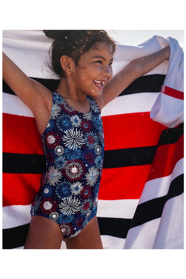 Girls Chlorine Resistant Sporty Hi-Neck Racer Back One Piece Swimsuit, Main, color, Red/White/Blue/Foil Fireworks