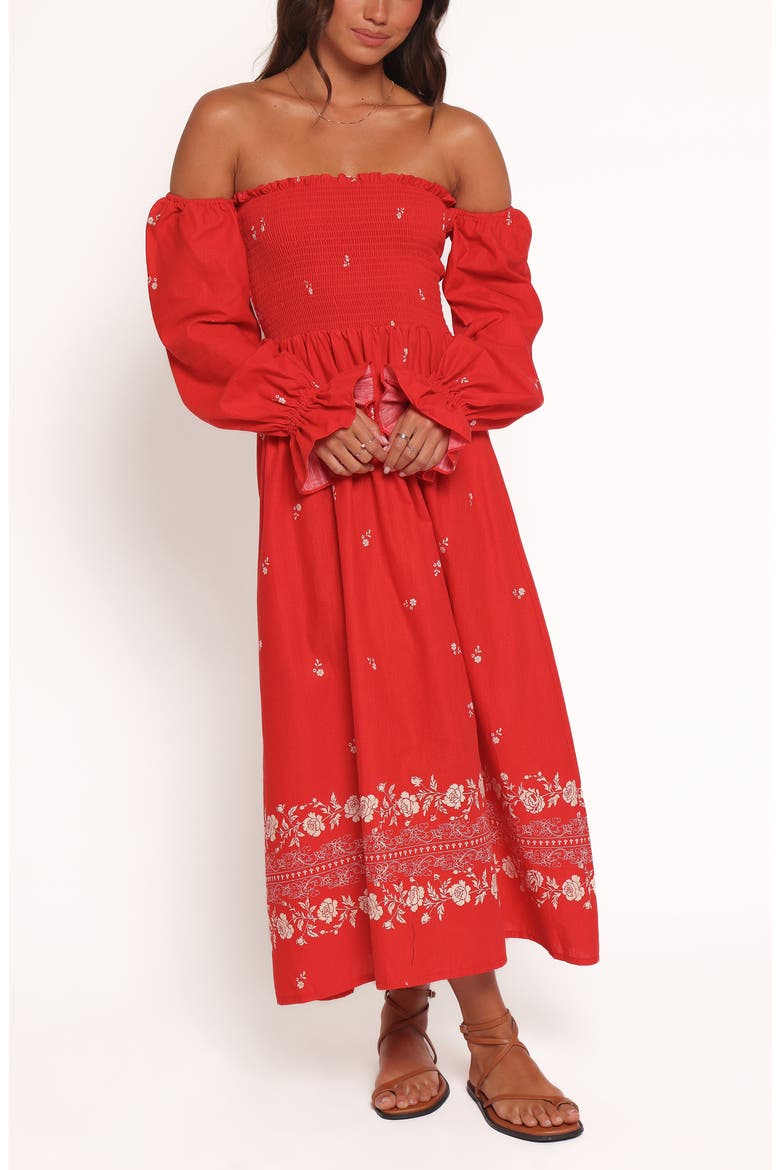 Domenica Smocked Off the Shoulder Linen & Cotton Midi Dress, Main, color, RED FLORAL BANDANA
