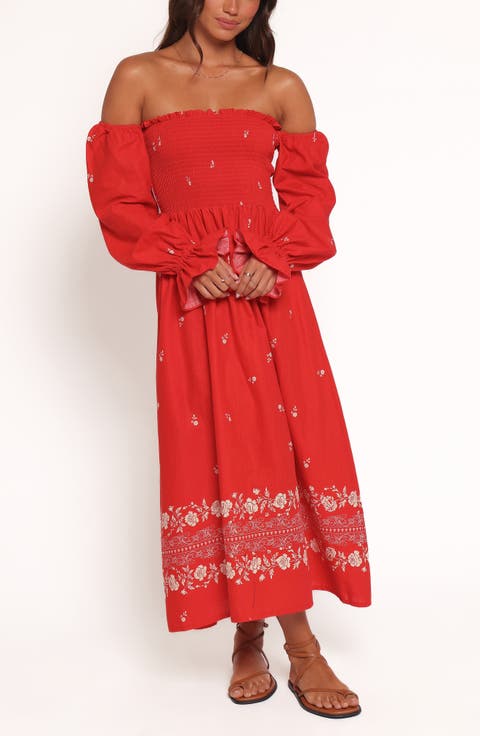 Domenica Smocked Off the Shoulder Linen & Cotton Midi Dress