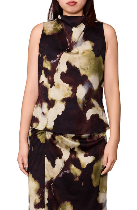 Sleeveless Jacquard Satin Cowl Neck Top
