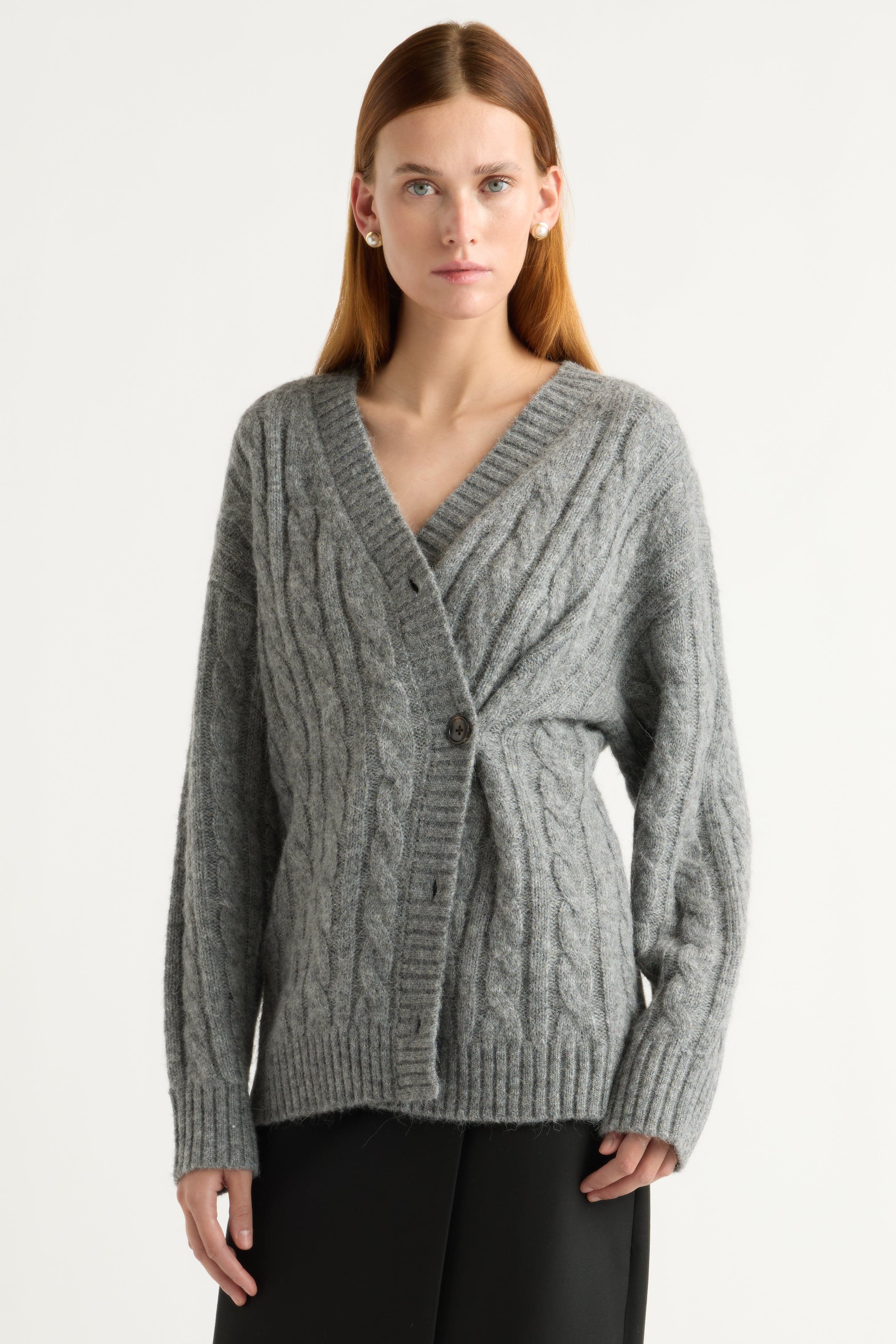 Modern Citizen Hikari Asymmetric Cable Knit Cardigan In Gray